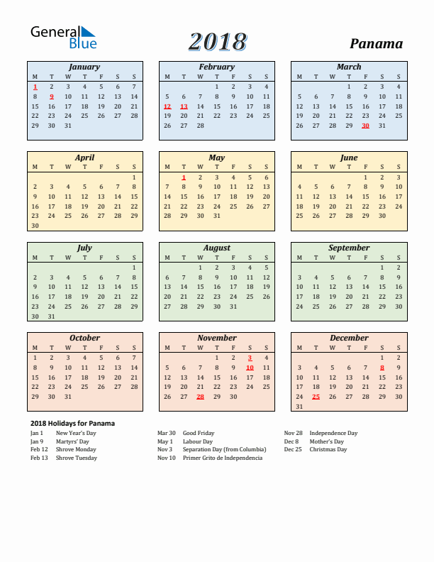 Panama Calendar 2018 with Monday Start