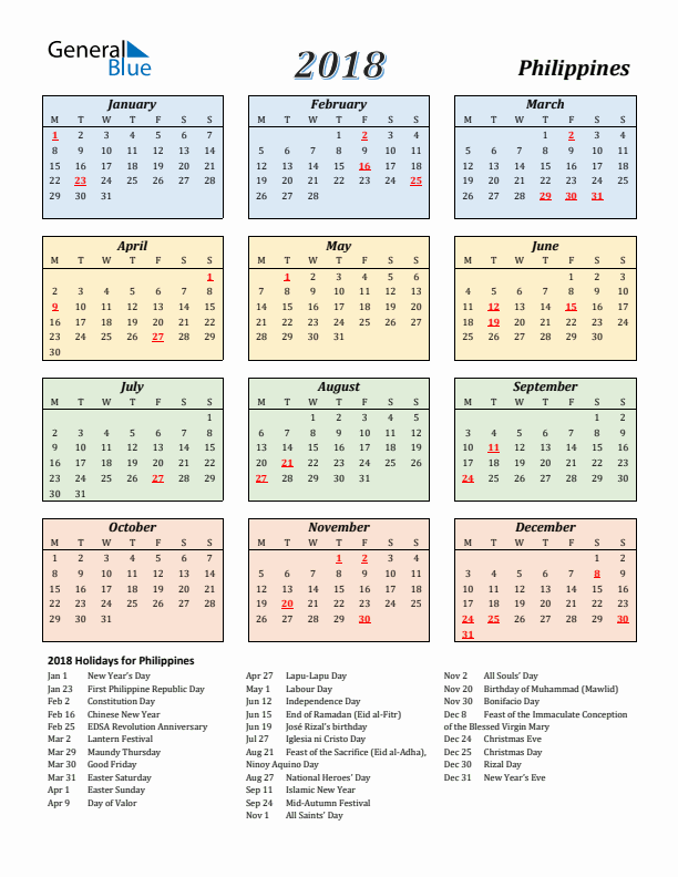Philippines Calendar 2018 with Monday Start
