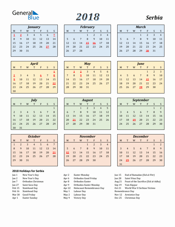 Serbia Calendar 2018 with Monday Start