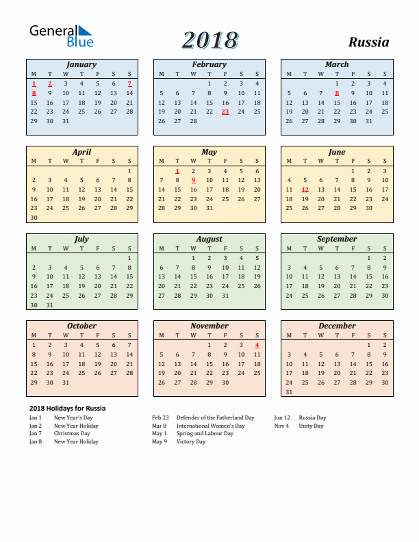 Russia Calendar 2018 with Monday Start