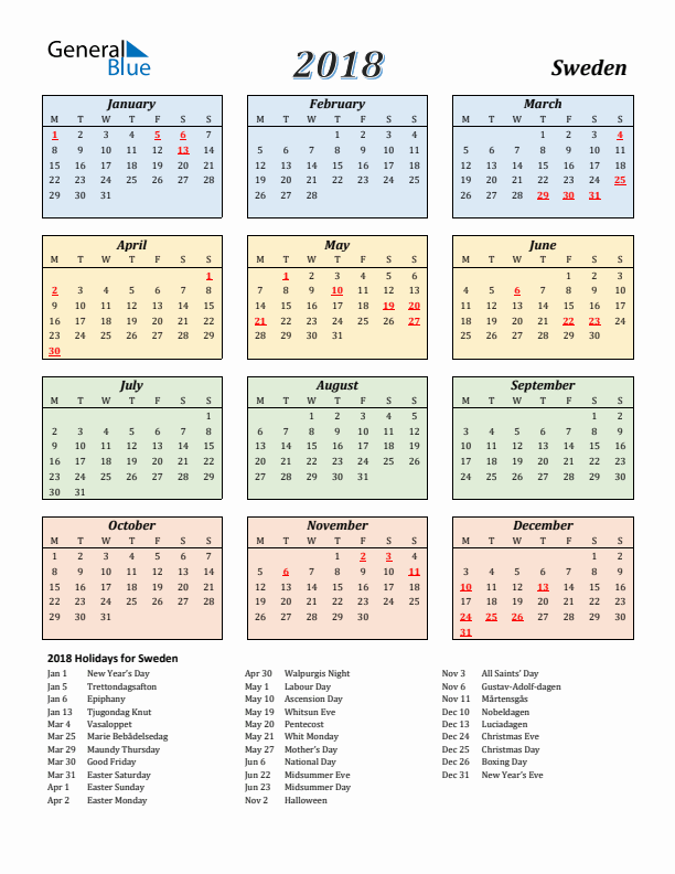Sweden Calendar 2018 with Monday Start