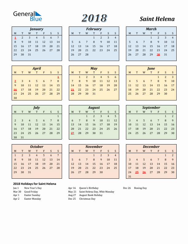 Saint Helena Calendar 2018 with Monday Start