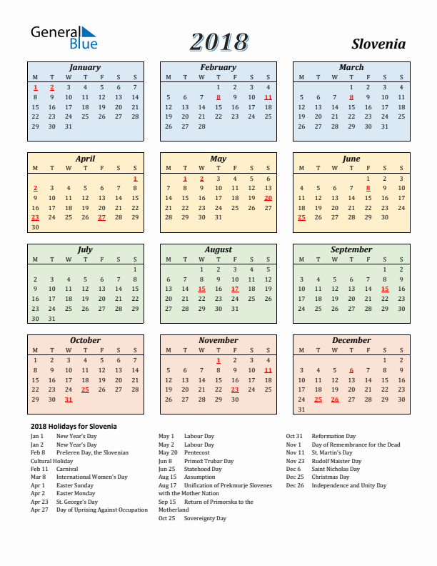 Slovenia Calendar 2018 with Monday Start