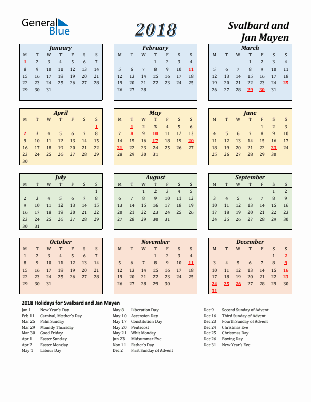 Svalbard and Jan Mayen Calendar 2018 with Monday Start