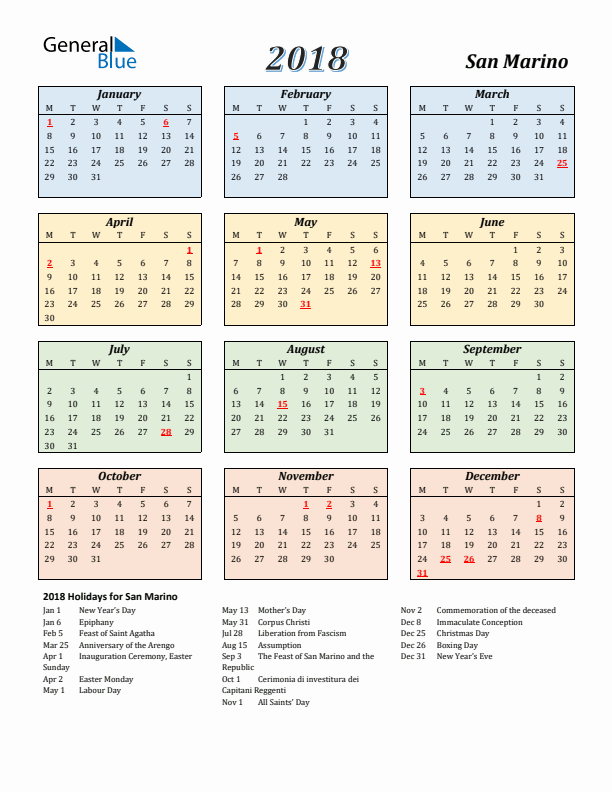 San Marino Calendar 2018 with Monday Start