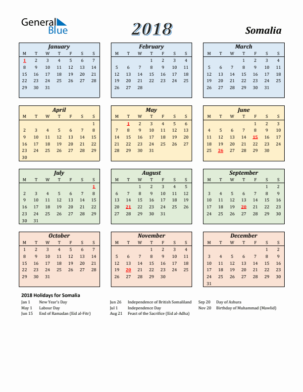 Somalia Calendar 2018 with Monday Start