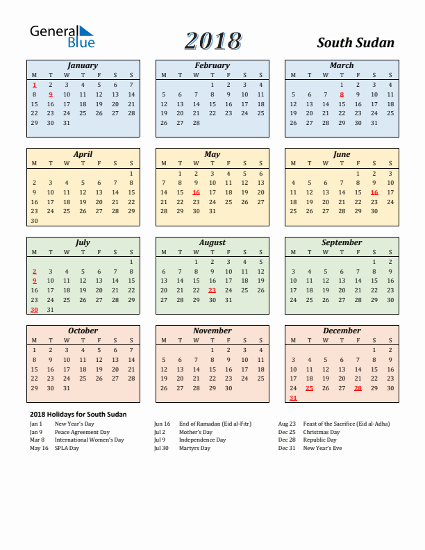 South Sudan Calendar 2018 with Monday Start