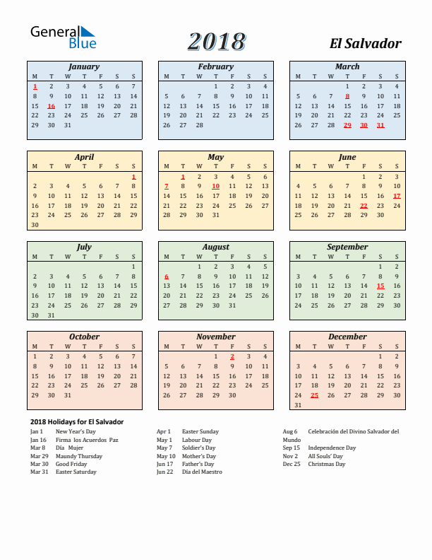 El Salvador Calendar 2018 with Monday Start