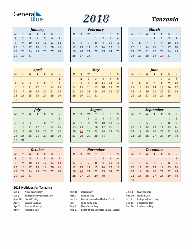 Tanzania Calendar 2018 with Monday Start