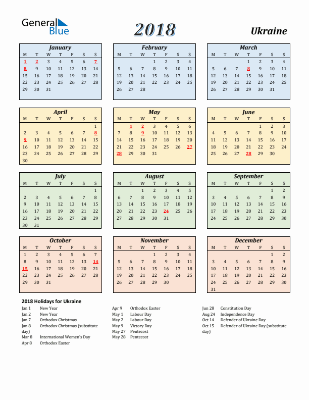Ukraine Calendar 2018 with Monday Start