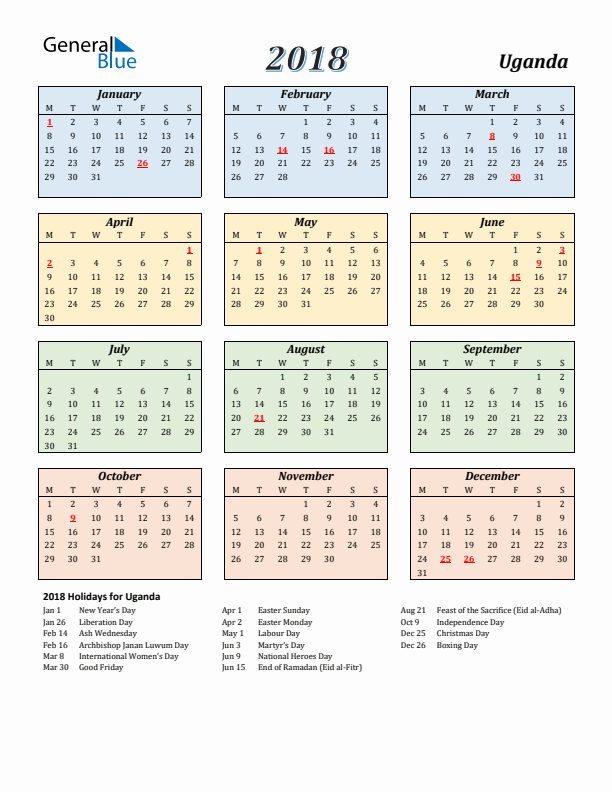 Uganda Calendar 2018 with Monday Start