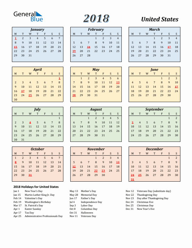 United States Calendar 2018 with Monday Start