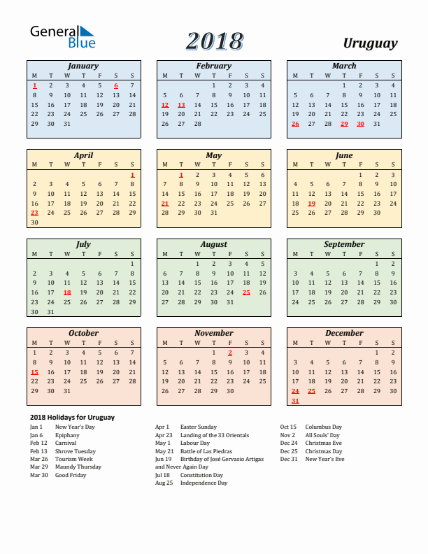 Uruguay Calendar 2018 with Monday Start