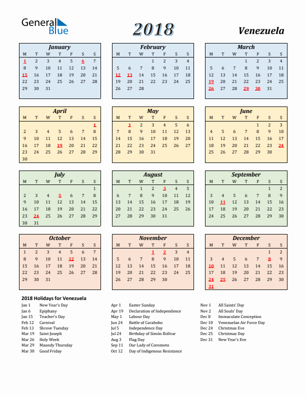 Venezuela Calendar 2018 with Monday Start