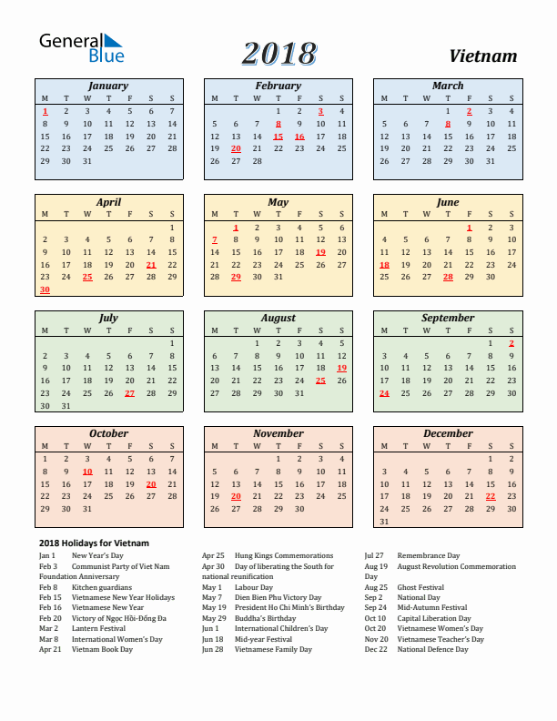 Vietnam Calendar 2018 with Monday Start