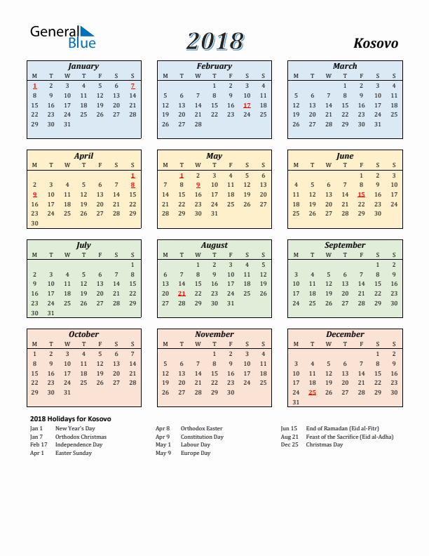 Kosovo Calendar 2018 with Monday Start