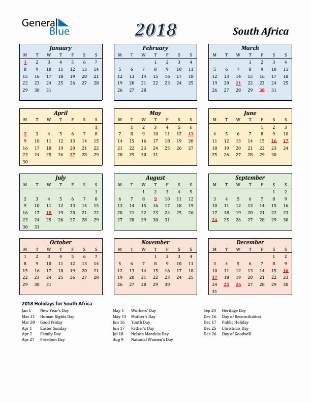 South Africa Calendar 2018 with Monday Start