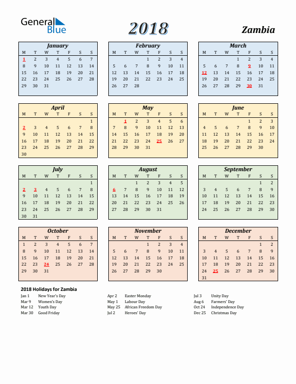 Zambia Calendar 2018 with Monday Start