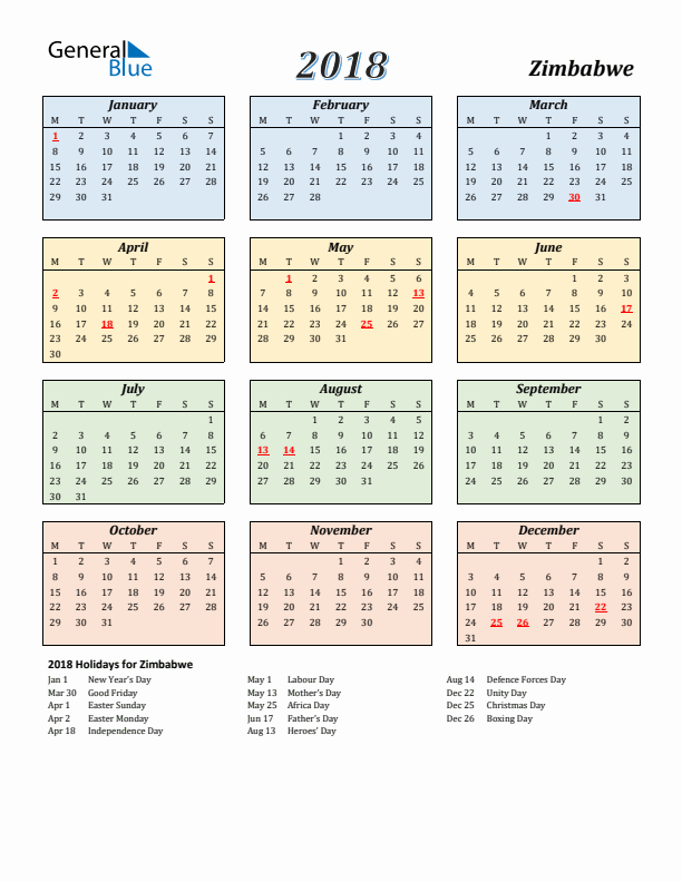Zimbabwe Calendar 2018 with Monday Start