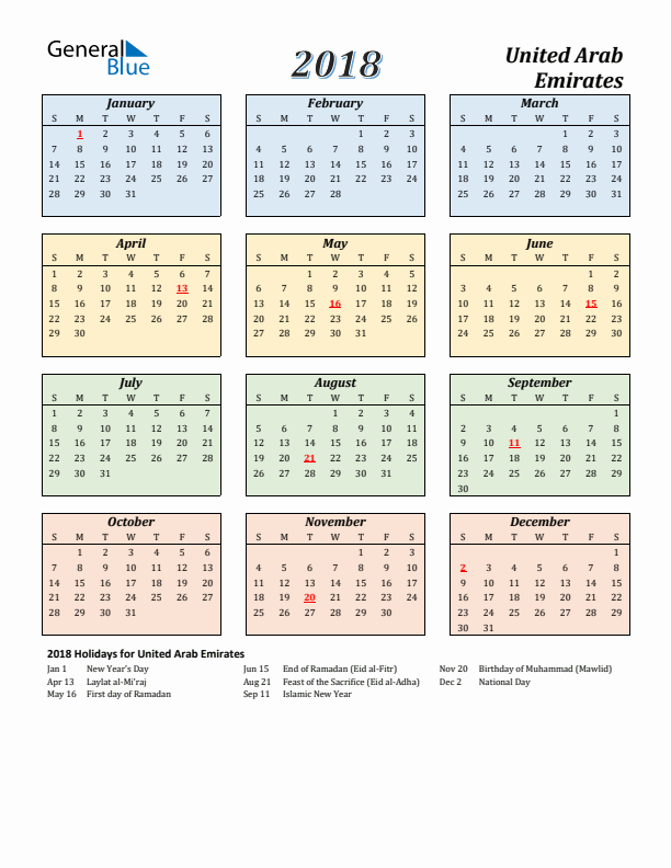 United Arab Emirates Calendar 2018 with Sunday Start