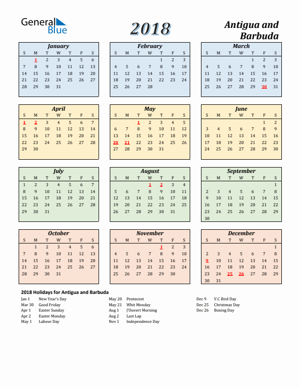 Antigua and Barbuda Calendar 2018 with Sunday Start