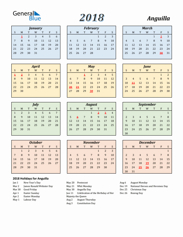 Anguilla Calendar 2018 with Sunday Start