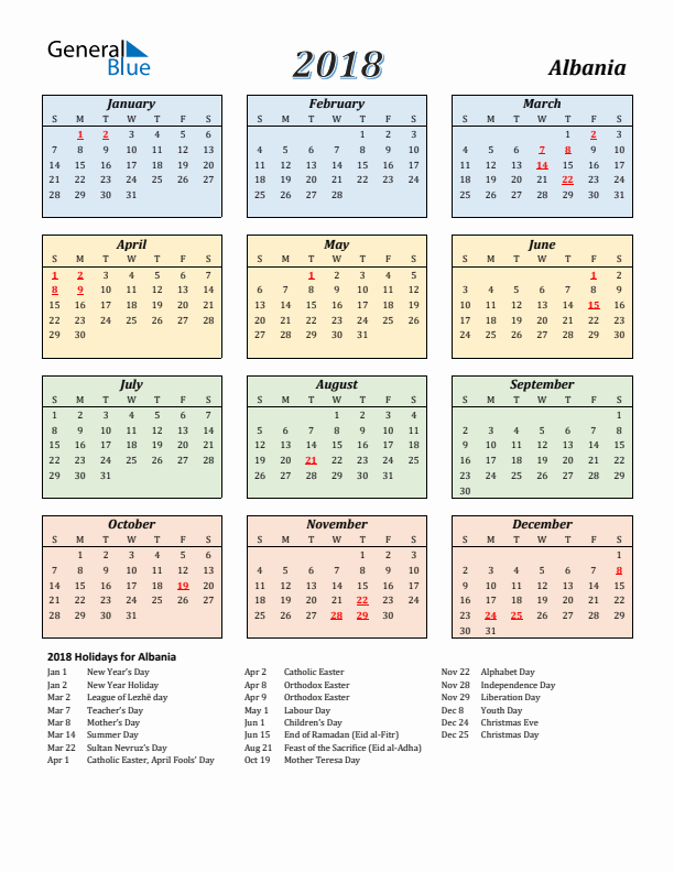 Albania Calendar 2018 with Sunday Start