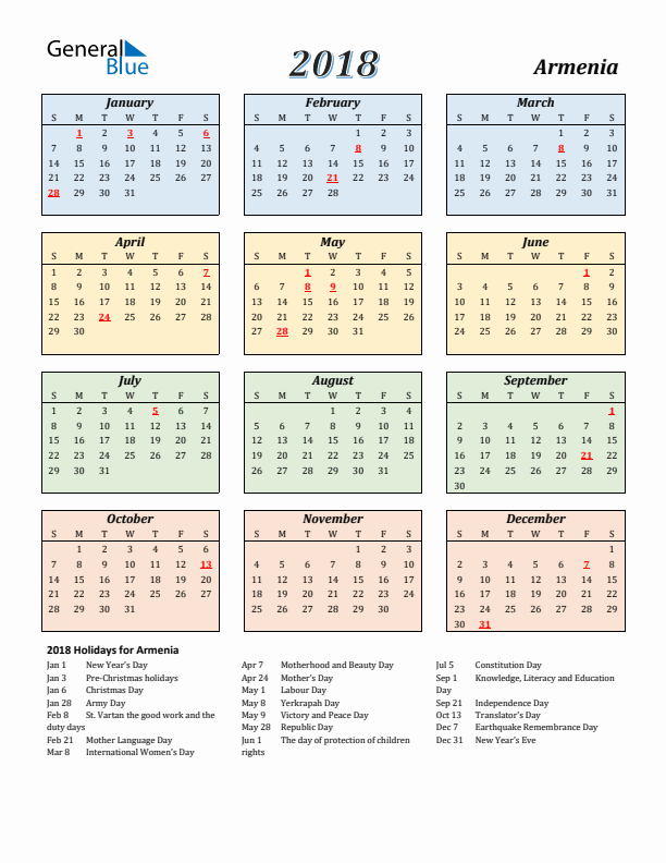 Armenia Calendar 2018 with Sunday Start
