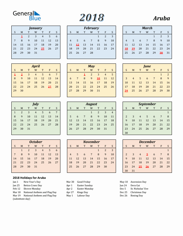 Aruba Calendar 2018 with Sunday Start