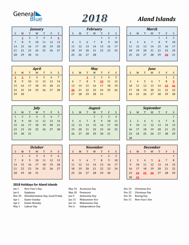 Aland Islands Calendar 2018 with Sunday Start