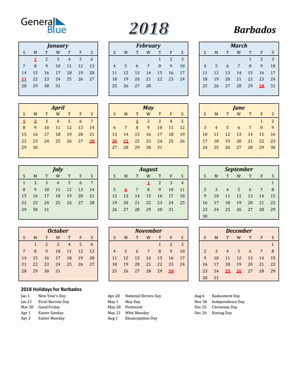 Barbados Calendar 2018 with Sunday Start
