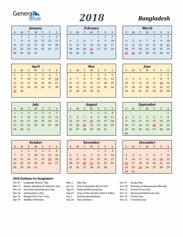 Bangladesh Calendar 2018 with Sunday Start