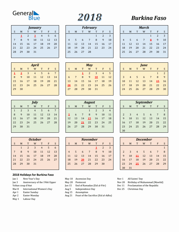 Burkina Faso Calendar 2018 with Sunday Start