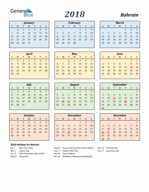 Bahrain Calendar 2018 with Sunday Start
