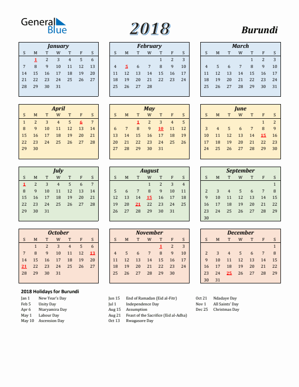 Burundi Calendar 2018 with Sunday Start