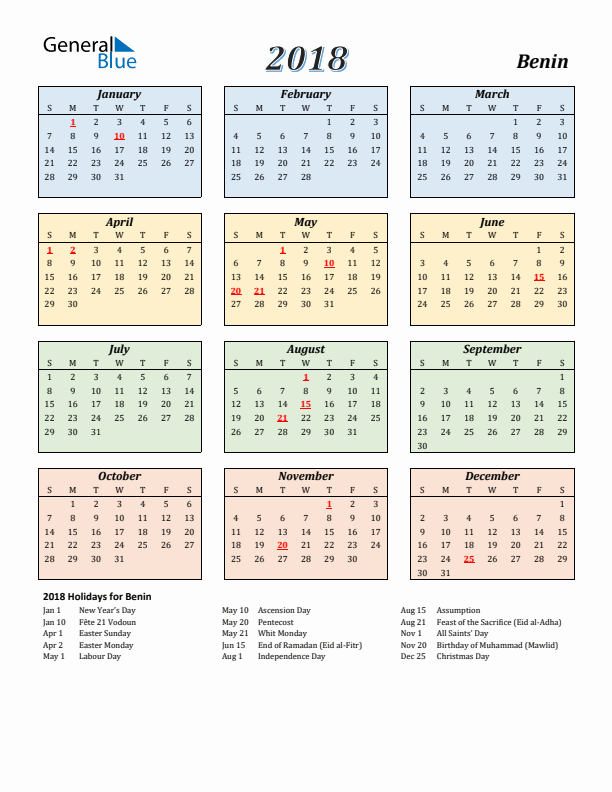 Benin Calendar 2018 with Sunday Start
