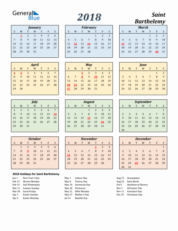 Saint Barthelemy Calendar 2018 with Sunday Start