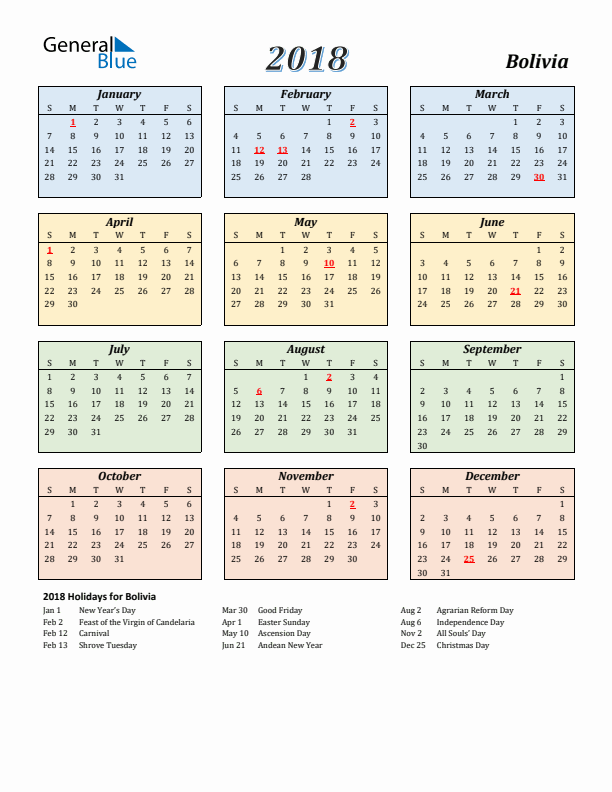 Bolivia Calendar 2018 with Sunday Start