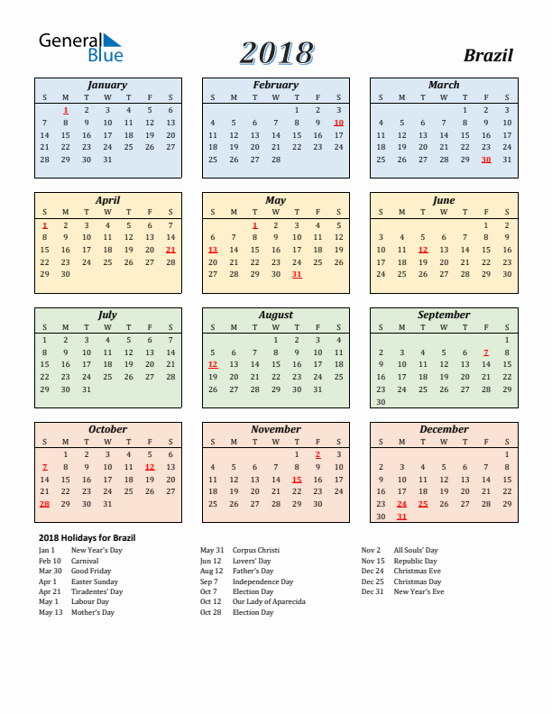 Brazil Calendar 2018 with Sunday Start