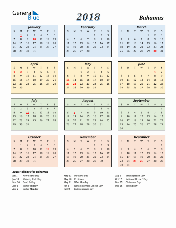 Bahamas Calendar 2018 with Sunday Start