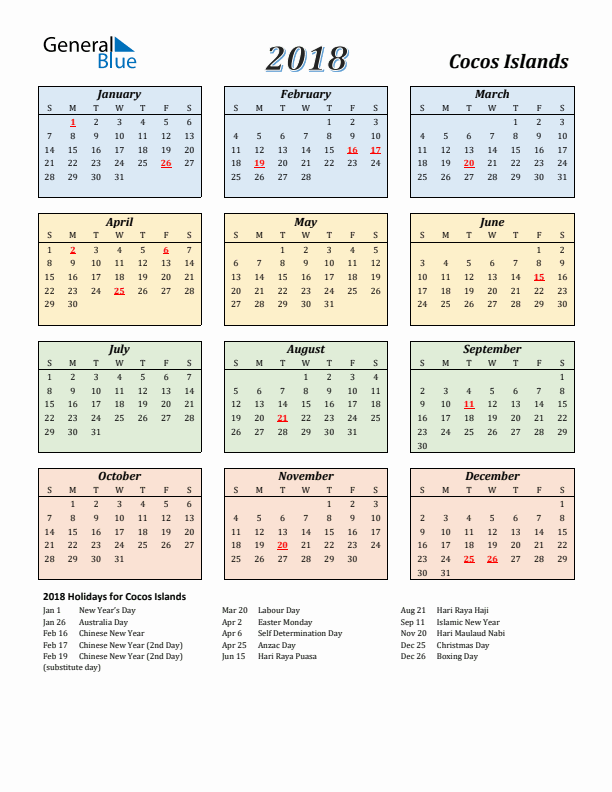 Cocos Islands Calendar 2018 with Sunday Start