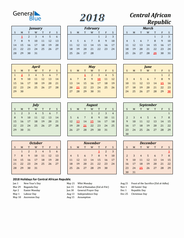 Central African Republic Calendar 2018 with Sunday Start