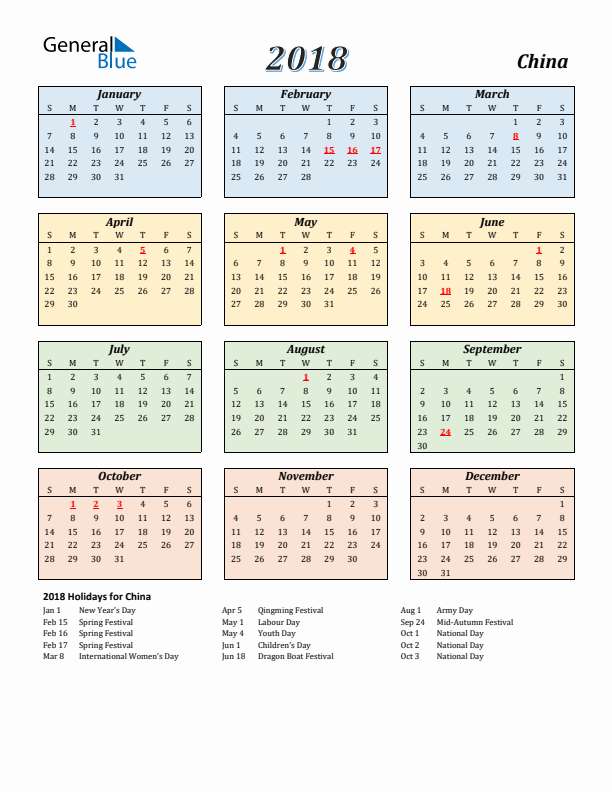 China Calendar 2018 with Sunday Start
