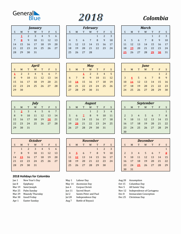 Colombia Calendar 2018 with Sunday Start