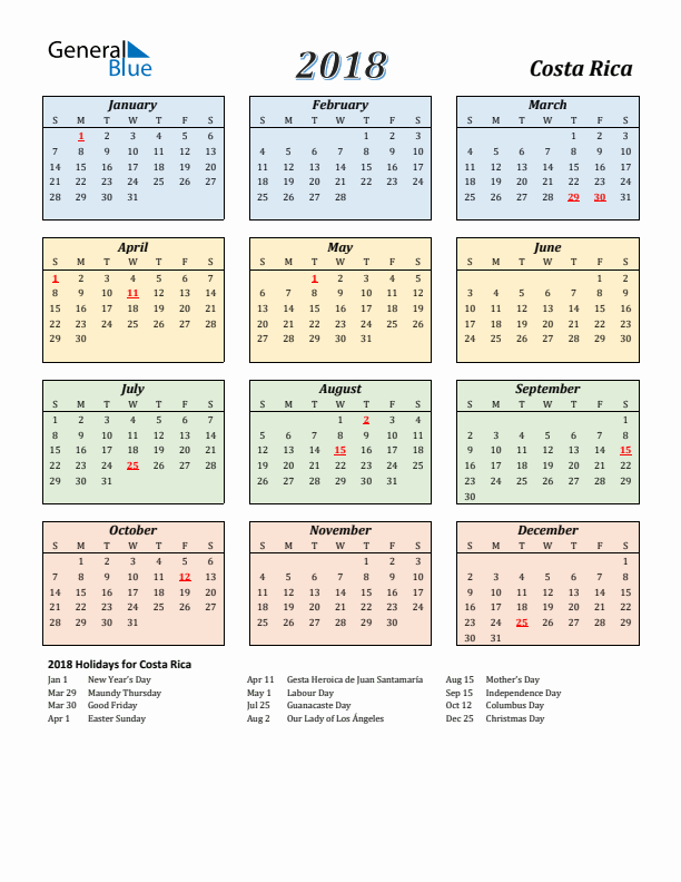 Costa Rica Calendar 2018 with Sunday Start