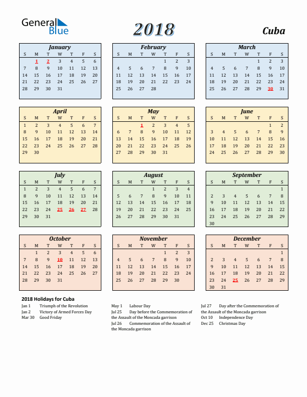 Cuba Calendar 2018 with Sunday Start