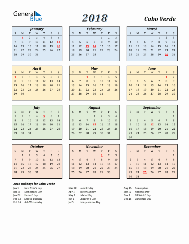 Cabo Verde Calendar 2018 with Sunday Start