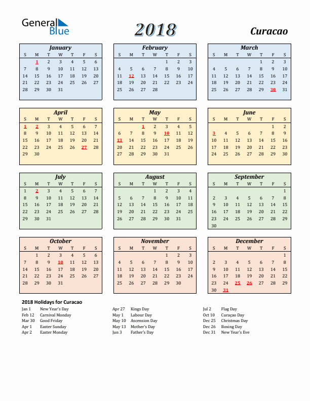 Curacao Calendar 2018 with Sunday Start