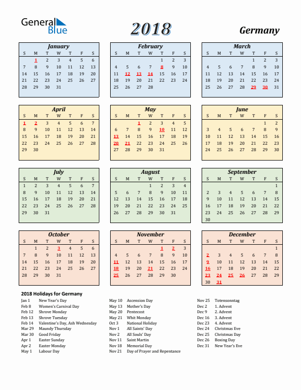 Germany Calendar 2018 with Sunday Start