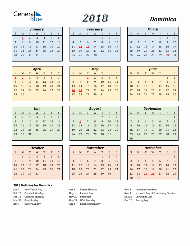 Dominica Calendar 2018 with Sunday Start